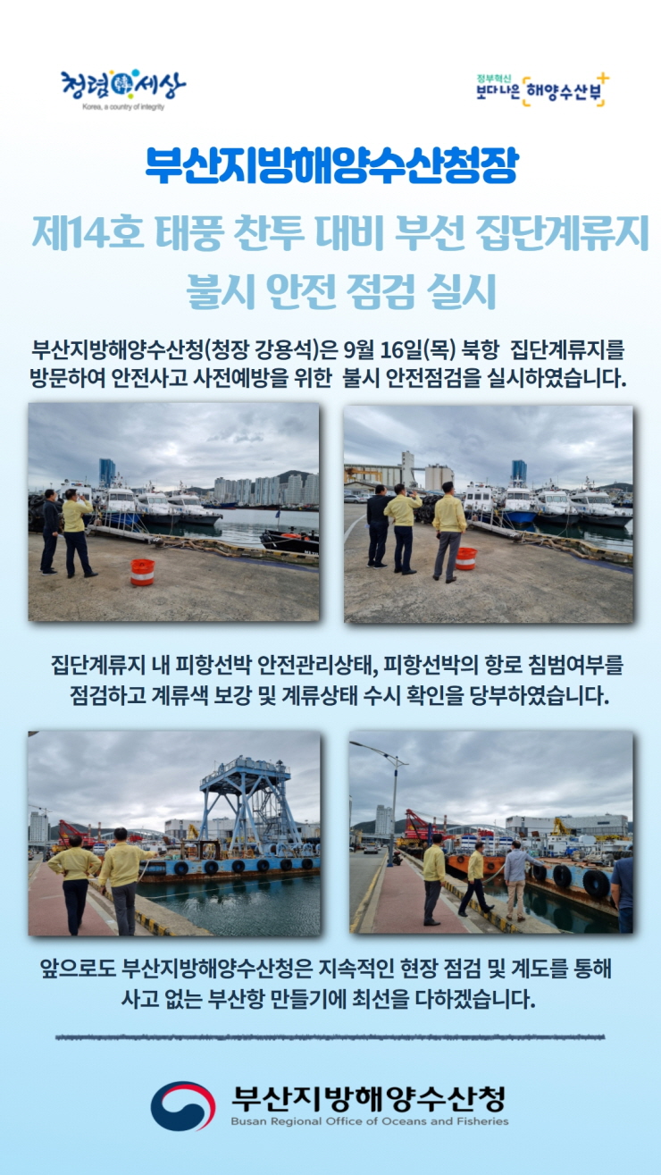 부산청장은 9월16일 목요일 북항 집단계류지를 방문하여 안전사고 사전예방을 위한 불시 점검을 실시하였다.