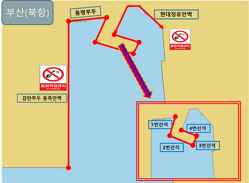 부산[북항] 동명부두 호안. 동명부두. 현대정유안벽.감만부두 동측암벽(MBE-Q2):471m. 1번선석.2번선석.3번선석.4번선석